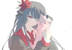  1girl :3 animal animalization black_hair chinese_commentary closed_eyes closed_mouth commentary_request commission dog flower gloves hair_flower hair_ornament highres holding holding_animal holding_dog light_particles long_hair long_sleeves mahou_shoujo_no_majo_saiban nikaido_hiro one_eye_closed red_eyes red_flower sakuraba_ema second-party_source simple_background smile solo transparent_background upper_body white_dog white_gloves zheng_jieluxi 