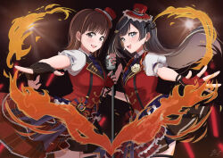  2girls absurdres black_hair brown_eyes brown_hair chase!_(love_live!) commentary_request earrings fingerless_gloves fire gloves grey_eyes hat highres holding holding_microphone holding_microphone_stand jewelry kusunoki_tomori long_hair looking_at_viewer love_live! love_live!_nijigasaki_high_school_idol_club microphone microphone_stand multiple_girls one_side_up pukonuu real_life short_hair signature smile stage_lights upper_body voice_actor voice_actor_connection yuki_setsuna 