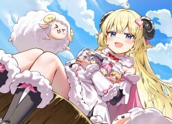  >_< 1girl absurdres ahoge amane_kanata animal_ears black_shoes blush character_name deaver doll dress fur-trimmed_dress fur_trim hair_ornament hairpin highres himemori_luna holding holding_doll hololive horns kiryu_coco long_hair looking_at_viewer open_mouth sheep_ears sheep_girl sheep_horns shoes smile solo tokoyami_towa tsunomaki_watame tsunomaki_watame_(1st_costume) very_long_hair violet_eyes virtual_youtuber watamate white_dress 