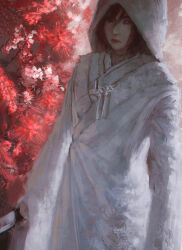  1girl absurdres artist_name black_hair bloodexer closed_mouth commentary flower highres holding holding_knife japanese_clothes kimono knife red_flower shimizu_hinako shiromuku silent_hill_(series) silent_hill_f solo spider_lily uchikake wataboushi watermark 