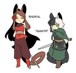  1boy 1girl animal_ears animification black_hair black_tunic boots braid braided_sidelock brother_and_sister brown_boots brown_cape brown_hair brown_pants cape cat_boy cat_ears cat_girl cat_tail character_name chinese_commentary commentary_request deformed flower full_body green_cape green_eyes green_pants hair_flower hair_ornament high_ponytail highres holding holding_sword holding_weapon long_hair long_sidelocks looking_at_viewer multicolored_hair name_connection object_namesake orange_eyes pants personification ponytail power_of_three red_boots red_flower red_rose red_tunic rehtaef rose rosepetal_(warrior_cats) short_hair siblings side_braid sidelocks simple_background split-color_hair sword tail toadstep tunic warrior_cats weapon white_background white_hair 