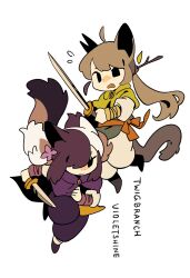  2girls a_vision_of_shadows ahoge animal_ears animification black_eyes black_hair black_pants black_shoes brooch cape capelet cat_ears cat_girl cat_tail character_name chibi chibi_only chinese_commentary commentary dagger flower full_body green_capelet green_tunic grey_hair hair_flower hair_ornament hair_over_one_eye highres holding holding_dagger holding_knife holding_sword holding_weapon jewelry knife long_hair multicolored_hair multiple_girls name_connection object_namesake pants personification ponytail purple_cape rehtaef shoes siblings simple_background sisters split-color_hair stick sword tail tunic twig twigbranch very_long_hair violetshine warrior_cats weapon white_background white_hair white_pants 