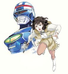  1boy 1girl :o annie_(uchuu_keiji_shaider) boots brown_hair brown_vest dated full_body gun highres holding holding_gun holding_weapon kujira_gunsou leaning_forward long_sleeves metal_hero revision running shaider shirt uchuu_keiji_shaider vest weapon white_background white_boots white_shirt 