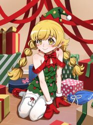  1girl bare_arms blonde_hair blush_stickers bow bowtie box braid christmas christmas_ornaments christmas_tree_costume closed_mouth collarbone donut_earrings doughnut dress earrings eyes_visible_through_hair flat_chest food food-themed_earrings footwear_bow full_body fur-trimmed_mittens fur_thigh_strap fur_trim gift gift_box green_hat hair_between_eyes hair_flaps hair_tie hands_on_floor hat hat_ornament highres indoors jewelry legs_together lips long_hair looking_at_viewer low_twin_braids mary_janes mittens monogatari_(series) on_floor oshino_shinobu pantyhose phrygian_cap pointy_ears pom_pom_(clothes) red_bow red_mittens red_shoes ribbon ricman_rt ringed_eyes sack shoes sidelocks sitting slit_pupils smile solo star_(symbol) star_hat_ornament strapless strapless_dress suspenders_hanging twin_braids very_long_hair white_pantyhose yellow_eyes yokozuwari 