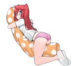  1girl arian_rod blue_eyes blush erubo lace-trimmed_panties long_hair original panties pillow pillow_hug pink_panties polka_dot redhead simple_background slippers solo underwear white_background 