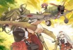  3girls =_= airplane armor bow_(weapon) breastplate character_request chibi dog green_hair highres itsukia kantai_collection long_hair multiple_girls pink_hair short_hair tagme twintails very_long_hair weapon white_hair yellow_eyes 