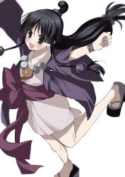  1girl :d absurdres ace_attorney arms_up black_eyes black_hair blush bow clenched_hand commentary_request eyes_visible_through_hair full_body hair_bobbles hair_ornament happy highres huge_bow japanese_clothes jewelry kasukasugom1 kimono layered_kimono long_hair long_sleeves looking_at_viewer low-tied_long_hair magatama magatama_necklace maya_fey necklace open_clothes open_kimono open_mouth purple_kimono red_bow sandals sidelocks simple_background smile solo standing standing_on_one_leg tareme very_long_hair white_background white_kimono wide_sleeves 