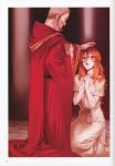  1girl absurdres cross highres long_hair monk nishieda open_mouth orange_hair original praying red robe violet_eyes 