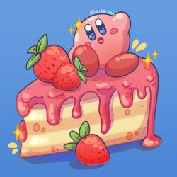 :d aimaay artist_name blue_background blush_stickers cake cake_slice commentary english_commentary food fruit highres kirby kirby_(series) looking_at_viewer no_humans open_mouth sitting smile star_(symbol) strawberry strawberry_cake tongue waving 