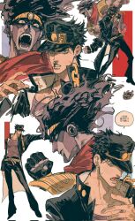  1boy 1other belt black_hair black_hat black_jacket black_pants clenched_hand clenched_teeth collared_jacket colored_skin commentary floating_hair hat highres jacket jojo_no_kimyou_na_bouken kujo_jotaro male_focus medium_hair mnnd multiple_views open_mouth pants popped_collar purple_skin red_scarf scarf short_hair speech_bubble stand_(jojo) star_platinum stardust_crusaders symbol-only_commentary teeth v-shaped_eyebrows wide-eyed 
