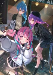  3girls ;) absurdres ahoge alternate_costume alternate_hairstyle aqua_hair beret black_bow black_hat black_jacket black_pantyhose black_skirt black_sweater blue_eyes blue_hair boots bow braid braided_ponytail brown_boots closed_mouth colored_inner_hair comiket_107 commentary_request day demon_girl demon_tail double-parted_bangs earrings fur-trimmed_boots fur-trimmed_skirt fur_trim green_eyes grey_skirt hair_between_eyes hair_ornament hairclip half_crown_braid hat highres hololive hoop_earrings hoshimachi_suisei jacket jewelry lapels long_hair looking_at_penis low_twin_braids minato_aqua miniskirt multicolored_hair multiple_girls notched_lapels one_eye_closed outdoors pantyhose parallel_hairclips piercing pink_hair pinstripe_jacket pinstripe_pattern pinstripe_skirt plaid_clothes plaid_skirt pointy_ears pom_pom_(clothes) pom_pom_earrings purple_hair reaching reaching_towards_viewer ribbed_sweater sa-ya2 selfie skirt smile star_(symbol) star_in_eye startend_(hololive) streaked_hair sweater symbol_in_eye tail tail_ornament tail_piercing tokoyami_towa turtleneck turtleneck_sweater twin_braids two-tone_hair v violet_eyes virtual_youtuber white_jacket white_sweater 