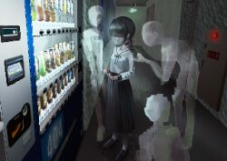  1girl 3others absurdres aqua_eyes black_choker black_ribbon black_shoes black_skirt brown_hair choker closed_mouth commentary dedemaru faceless faux_retro_artstyle hair_ribbon hallway highres indoors long_hair long_sleeves low_poly low_ponytail multiple_others original pixelated ponytail red_ribbon ribbon sailor_collar see-through_body shirt shoes skirt socks standing surreal vending_machine white_sailor_collar white_shirt white_socks 