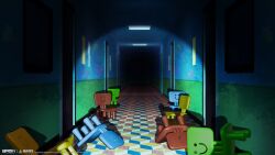  absurdres ceiling_light chair copyright_name copyright_notice dark door hallway highres logo no_humans official_art official_wallpaper scenery tile_floor tiles xinyue_tongxing 