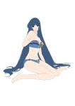  1girl absurdres bare_shoulders barefoot bikini blue_eyes blue_hair breasts choujikuu_yousai_macross cleavage d._wang flat_color hand_to_own_mouth highres large_breasts long_hair lynn_minmay macross navel sitting solo swimsuit tubetop very_long_hair wariza 