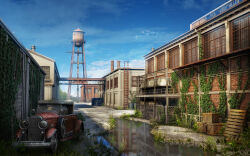  3d building car chain-link_fence commentary_request crate day english_commentary factory fence highres mixed-language_commentary motor_vehicle no_humans original outdoors overgrown owenxc puddle reflection reflective_liquid scenery water water_tower 