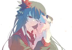  1girl :3 animal animalization black_hair chinese_commentary closed_eyes closed_mouth commentary_request commission dog flower gloves hair_flower hair_ornament highres holding holding_animal holding_dog long_hair long_sleeves mahou_shoujo_no_majo_saiban nikaido_hiro one_eye_closed red_eyes red_flower sakuraba_ema second-party_source simple_background smile solo upper_body white_background white_dog white_gloves zheng_jieluxi 