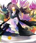  1girl dress flower gothic_lolita hairband kazu_(muchuukai) lolita_fashion lolita_hairband red_eyes rose rozen_maiden silver_hair sitting solo suigintou wings 