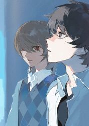  2boys adam's_apple akechi_gorou amamiya_ren argyle_clothes argyle_vest black_hair black_shirt blue_vest brown_hair collared_shirt commentary english_commentary grey_eyes highres long_sleeves looking_at_another looking_up male_focus medium_hair multiple_boys open_clothes open_shirt parted_lips persona persona_5 ppeko0602 profile red_eyes shirt upper_body v-neck vest white_shirt wing_collar 