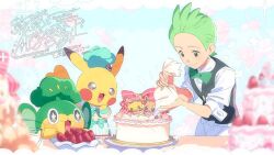  +_+ 1boy apron black_vest blush bow bowl bowtie brown_eyes cake chef_hat cilan_(pokemon) eevee flower food fruit green_bow green_bowtie green_eyes green_hair hat holding pansage pikachu plate pokemon pokemon_(creature) pokemon_bw ribbon rose serizawa_serizane shirt smile strawberry twitter_username vest whipped_cream white_shirt 