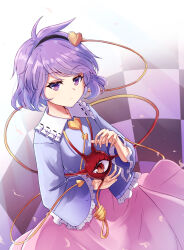  1girl black_hairband buttons checkered_wall commentary_request followers_favorite_challenge frilled_sailor_collar frilled_sleeves frills hairband hand_up heart_button highres kachuten komeiji_satori long_skirt long_sleeves looking_at_viewer multiple_drawing_challenge overlighting pink_skirt purple_hair purple_shirt sailor_collar shirt short_hair skirt solo third_eye touhou upper_body violet_eyes white_sailor_collar 