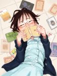  1girl belt blue_dress blue_jacket blush book brown_eyes brown_hair buttons covering_face dress glasses holding holding_book jacket looking_to_the_side messy_hair mosaique on_floor original scattered_books short_hair tile_floor tiles translation_request 