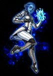  alien asari blue_eyes blue_fire blue_skin bodysuit fire glowing glowing_hand kaigetsudo liara_t&#039;soni mass_effect smile solo star starry_background 