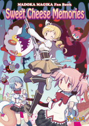 4girls akemi_homura anime_coloring artist_name back_bow back_ribbon beret black_boots black_corset black_gloves black_skirt blonde_hair blue_eyes blue_hair blue_socks boots bow bowtie brown_hat buttons charlotte_(madoka_magica) chocolate clenched_hands closed_mouth collared_shirt commentary_request copyright_name corset cover cover_page cowboy_shot creature detached_sleeves dot_nose doujin_cover drill_hair english_text eyelashes familiar_(madoka_magica) feet_out_of_frame fingerless_gloves flower_hairpin food fruit full_body gecchu gloves grey_thighhighs gun hair_between_eyes hair_ribbon happy hat hat_feather high_collar highres holding holding_creature holding_gun holding_weapon icing kaname_madoka kiwi_(fruit) kiwi_slice knee_boots kneehighs kyubey lace-trimmed_shirt lace-trimmed_sleeves lace_trim layered_shirt leg_up light_blush long_hair long_sleeves long_tongue looking_at_viewer magical_girl magical_musket_(madoka_magica) mahou_shoujo_madoka_magica mahou_shoujo_madoka_magica_(anime) miki_sayaka miniskirt mitakihara_school_uniform multicolored_boots multiple_girls nervous official_style one_eye_closed parted_lips pill pink_eyes pink_hair plaid_clothes plaid_skirt pleated_skirt puffy_long_sleeves puffy_short_sleeves puffy_sleeves pyotr_(madoka_magica) raised_inner_eyebrows red_bow red_bowtie red_ribbon ribbon school_uniform second-party_source shirt short_hair short_sleeves short_twintails silhouette skirt sleeve_cuffs smile socks sparkle striped_clothes striped_thighhighs tareme thigh-highs title tomoe_mami tongue twin_drills twintails two-tone_boots vertical-striped_clothes vertical-striped_thighhighs very_long_hair wavy_mouth weapon white_bow white_ribbon white_shirt white_sleeves witch's_labyrinth witch_(madoka_magica) yellow_boots yellow_bow yellow_bowtie yellow_eyes yellow_skirt