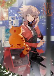  1boy absurdres black_pants black_shirt blurry blurry_foreground brown_eyes brown_hair cat highres jacket male_focus pants pharaoh_(cat) phone_booth red_jacket sake_ygo shirt watermark yu-gi-oh! yu-gi-oh!_gx yuki_judai 
