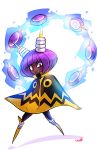  1girl antennae artist_request bob_cut cape dark_skin electricity grin mighty_no._3 mighty_no._9 purple_hair red_eyes robot sharp_teeth short_hair signature smile solo 