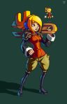  1girl blonde_hair boots breasts brown_eyes ear_protection green_background hand_on_hip headphones huge_weapon joakim_sandberg knee_boots lips long_hair over_shoulder pauldrons pixel_art pixelated robin_(the_iconoclasts) slender_waist solo the_iconoclasts weapon weapon_over_shoulder wrench 