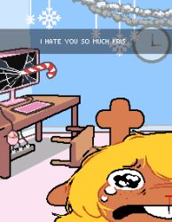  1girl absurdres animal_nose antlers asepriterico bedroom black_eyes black_shirt blonde_hair broken_glass broken_monitor brown_fur buck_teeth candy candy_cane chair checkered_sweater_vest clock computer computer_keyboard computer_mouse crying crying_with_eyes_open deltarune english_text food freckles glass highres horns indoors long_sleeves looking_at_viewer monitor noelle_holiday open_mouth pixel_art red_nose reindeer_antlers reindeer_girl sad scared scary_maze_game shirt smile snapchat snowflake_ornament solo streaming_tears tears teeth utdr_(toby_fox) wavy_eyes 