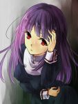  1girl asagami_fujino asari_(23feline23) dress kara_no_kyoukai long_hair purple_hair rain red_eyes school_uniform solo 