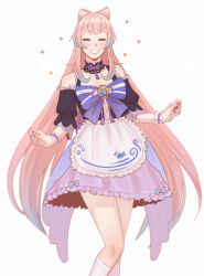  1girl absurdres alternate_costume animal_print apron bare_shoulders blue_bow blue_skirt bow bow-shaped_hair bow_choker bow_skirt brooch choker closed_eyes colored_petticoat colored_tips detached_sleeves double-parted_bangs feet_out_of_frame fish_print flower_symbol frilled_sleeves frilled_wrist_cuffs frills genshin_impact happy highres jewelry knee_blush kneehighs knees_together_feet_apart lace-trimmed_choker lace_trim long_hair maid maid_apron multicolored_hair nail_polish overskirt pawieena petticoat pink_hair purple_nails purple_wrist_cuffs sangonomiya_kokomi shirt_bow sidelocks simple_background skirt smile socks solo square_neckline striped_blush two-tone_hair unconventional_maid very_long_hair vision_(genshin_impact) white_apron white_background white_socks wrist_cuffs 