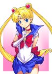  1girl bishoujo_senshi_sailor_moon blonde_hair blue_eyes blush bow choker clothed_navel crescent double_bun earrings elbow_gloves finger_to_face gloves jewelry kouda_tomohiro long_hair magical_girl sailor_collar sailor_moon skirt smile solo tiara tsukino_usagi twintails 