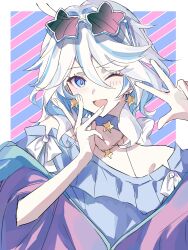  1girl ahoge blue_choker blue_eyes blue_hair blue_shirt choker den_dendayo drop-shaped_pupils eyewear_on_head furina_(genshin_impact) genshin_impact hashtag-only_commentary highres jacket jewelry looking_at_viewer multicolored_hair necklace off-shoulder_shirt off_shoulder one_eye_closed purple_jacket shirt solo star-shaped_eyewear star_(symbol) streaked_hair symbol-shaped_pupils white_hair 