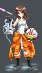  1girl absurdres ahoge artist_name black_gloves blush boots breasts brown_eyes brown_hair clothes_around_waist energy_sword fenrixion gloves headwear_removed helmet helmet_removed highres jaina_solo levitation lightsaber pilot_suit short_hair smile solo star_wars sword tank_top weapon 