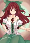  1girl absurdres alternate_costume bow breasts brown_hair cleavage hair_bow hand_on_hip highres large_breasts long_hair red_eyes reiuji_utsuho skirt smile solo third_eye touhou 