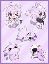  1girl animal_ears animalization black_hoodie cat_ears cat_girl cat_tail chibi commentary_request hololive hood hoodie jacket looking_at_viewer medium_hair muuran nekomata_okayu nekomata_okayu_(1st_costume) nekomata_okayu_(cat) nekomata_okayu_(membership) official_alternate_costume one_eye_closed onigirya_(nekomata_okayu) pants purple_hair purple_jacket tail violet_eyes virtual_youtuber white_pants 