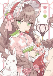  1girl animal_on_shoulder bird bird_on_shoulder bonnet bow braid brown_hair cake commentary_request eating falling_petals flower food fork green_bird green_eyes green_robe hair_bow highres holding holding_fork holding_plate japanese_clothes kamachi_(kamati0maru) kimono long_hair long_sleeves looking_at_viewer original parted_lips petals pink_bow pink_flower pink_kimono pink_petals plate pleated_skirt red_skirt robe sitting skirt solo strawberry_cake twin_braids twintails very_long_hair watermark white_rabbit_(animal) 