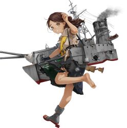  1girl artist_request barefoot bell black_gloves black_skirt brown_eyes brown_hair brown_shirt burnt_clothes cannon damaged dark-skinned_female dark_skin from_behind full_body gloves kantai_collection leaning_forward long_hair looking_at_viewer machinery mast military_uniform open-toe_shoes rudder_footwear running sash shirt shoes short_sleeves single_shoe skirt smoke solo thonburi_(kancolle) transparent_background wince 