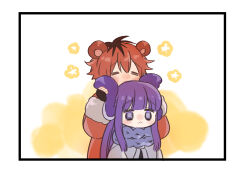  1boy 1girl :< =_= bear_boy blush_stickers closed_mouth coat commentary_request fern_(sousou_no_frieren) fur-trimmed_coat fur_trim grey_sweater highres kemonomimi_mode kmtakpk long_hair looking_ahead open_mouth orange_hair playing_with_another's_ears purple_hair purple_scarf rabbit_girl red_coat scarf short_hair smile sousou_no_frieren stark_(sousou_no_frieren) sweater upper_body violet_eyes 