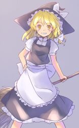  1girl apron back_bow black_hat black_skirt black_vest blonde_hair blush bow broom commentary_request feet_out_of_frame frilled_apron frills grin hair_bow hand_on_hilt hat hat_bow holding holding_broom kirisame_marisa legs_apart long_hair looking_at_viewer one-hour_drawing_challenge petticoat puffy_short_sleeves puffy_sleeves rangycrow shirt short_sleeves single_sidelock skirt smile solo touhou vest white_apron white_bow white_shirt witch_hat yellow_eyes 