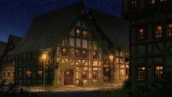  building commentary_request commission door fantasy half-timbered highres lamppost leaf night night_sky original plant road scenery skeb_commission star_(sky) street sumassha_t_t village vines window 