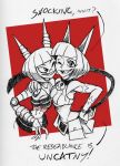  2girls animal_ears antennae belt belt_pouch bob_cut breasts cat_ears cat_tail crop_top crossover fingernails grin hand_on_hip look-alike mighty_no._3 mighty_no._9 monochrome multiple_girls nadia_fortune robot scar sharp_fingernails sharp_teeth short_hair skullgirls slender_waist smile tail under_boob wink 