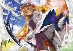  1girl absurdres animal blonde_hair bow dress fish flower fox frog hat hat_bow highres japanese_clothes long_hair long_sleeves looking_at_viewer mob_cap puffy_sleeves rabbit rondo_umigame scan sky smile solo sunflower tabard touhou traditional_clothes tree vest violet_eyes white_dress wide_sleeves yakumo_yukari 