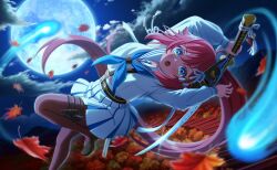  1girl :o arms_up autumn_leaves blue_eyes blurry blurry_foreground commentary_request full_moon game_cg hair_ornament highres holding holding_sword holding_weapon katana leaf long_hair looking_at_viewer maple_leaf moon night night_sky official_art open_mouth outdoors pleated_skirt red_hair school_uniform serafuku sheath skirt sky solo sword thigh_strap third-party_source very_long_hair weapon world_dai_star 