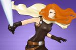  1girl artist_name belt black_gloves breasts cape d._wang energy_sword eyebrows eyelashes gloves grey_eyes highres large_breasts lightsaber lips long_hair mara_jade nose orange_hair sleeveless slender_waist solo star_wars sword unitard weapon 