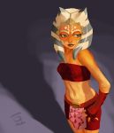  1girl ahsoka_tano alien bare_shoulders belt blue_eyes dou_(soot) facial_mark fingerless_gloves forehead_mark gloves jedi lips lipstick loincloth looking_away makeup midriff navel nose orange_skin skirt small_breasts solo star_wars star_wars:_the_clone_wars togruta tubetop 