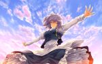  1girl apron blue_sky blush breasts closed_eyes clouds hat highres juliet_sleeves letty_whiterock long_sleeves nekominase outstretched_arms puffy_sleeves purple_hair revision scarf shirt short_hair skirt sky smile solo touhou vest 