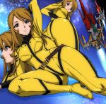  1girl airplane ass bodysuit boots breasts brown_eyes brown_hair high_heels jet long_hair mori_yuki smile solo space_craft thighs uchuu_senkan_yamato uchuu_senkan_yamato_2199 yuya 